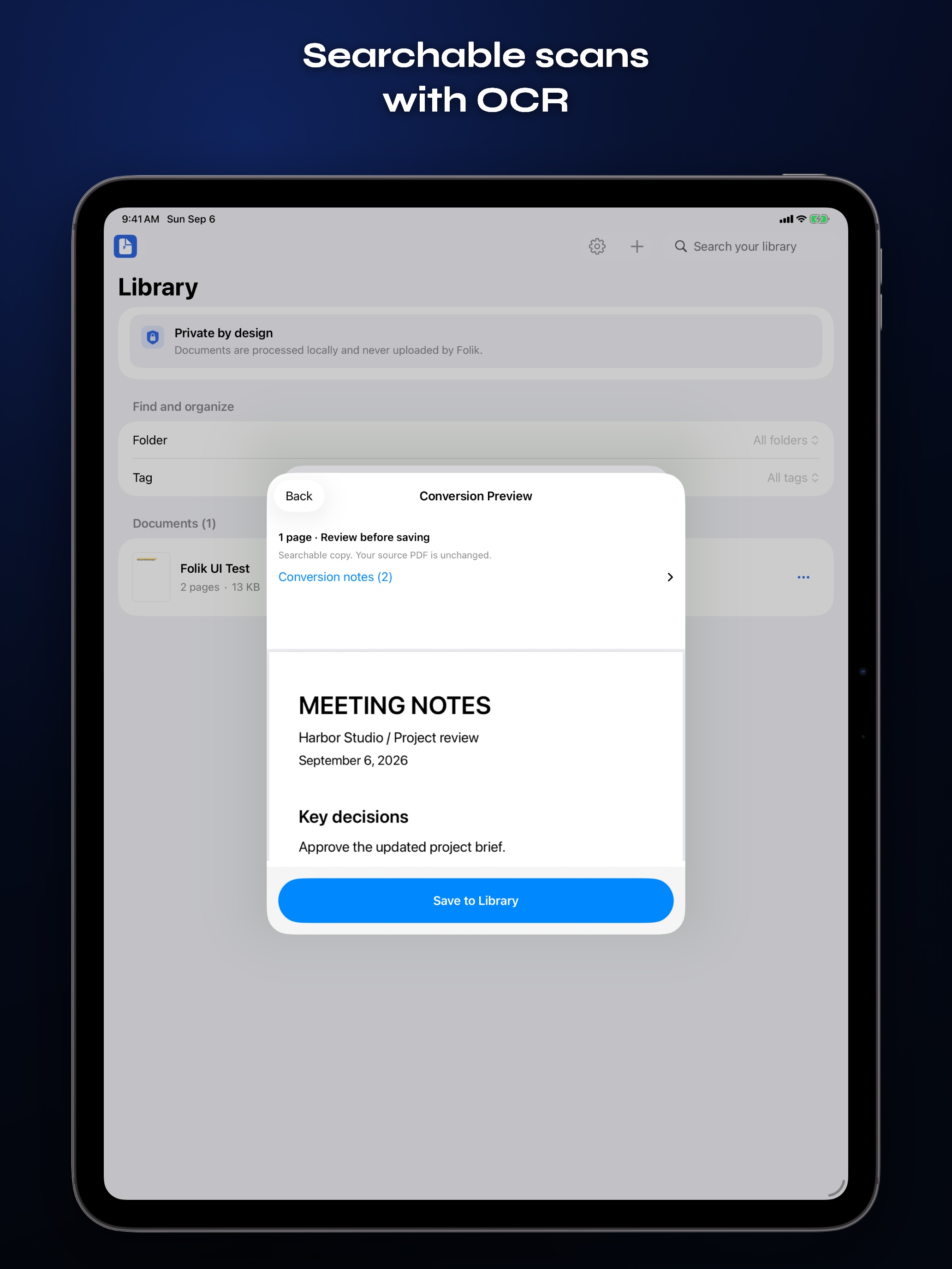 FolikPDF on iPad previewing a searchable PDF created with on-device OCR