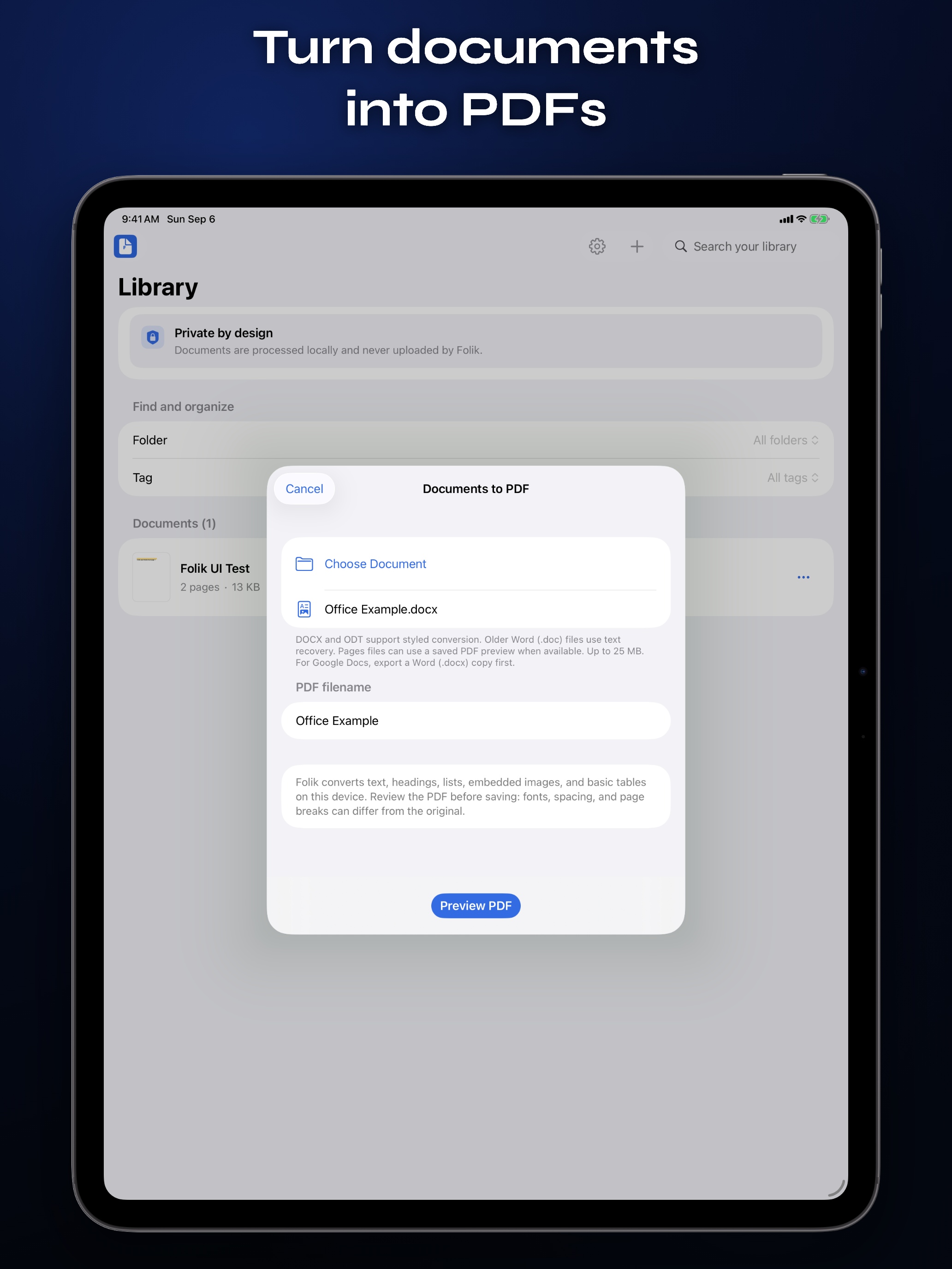FolikPDF Documents to PDF tool on iPad with a DOCX selected for local conversion