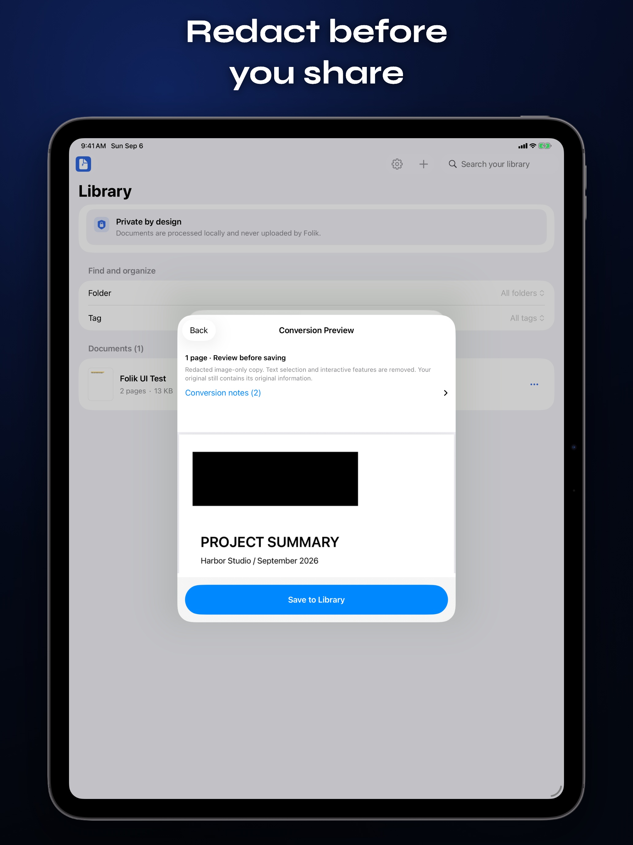 FolikPDF on iPad previewing a redacted image-only PDF copy before saving