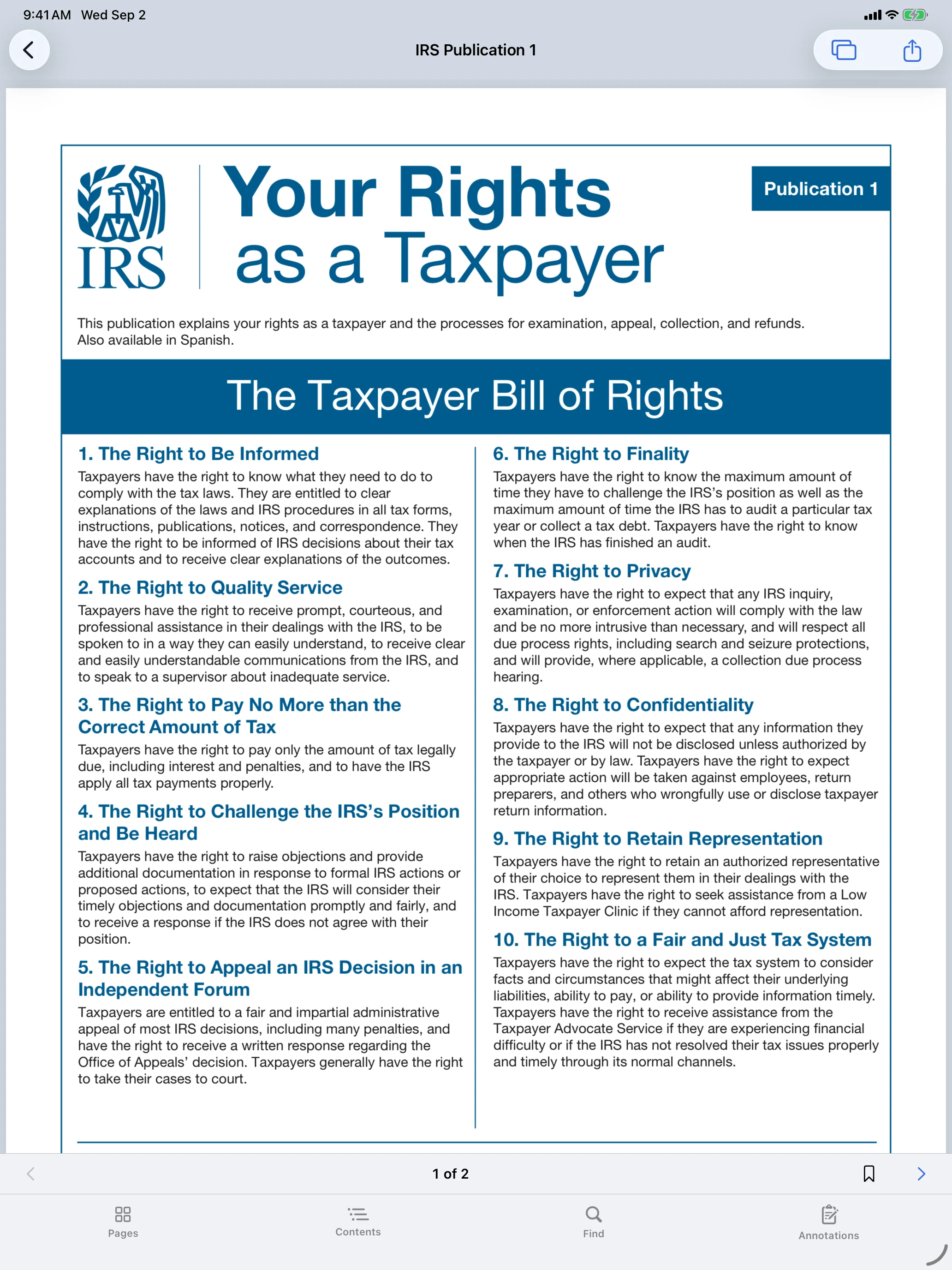 FolikPDF displaying an IRS publication in its iPad reader