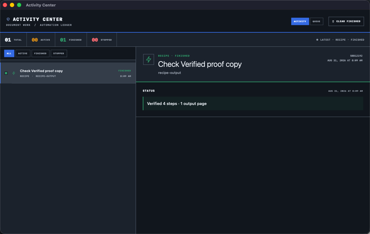 SPDFV Activity Center showing a finished verified recipe