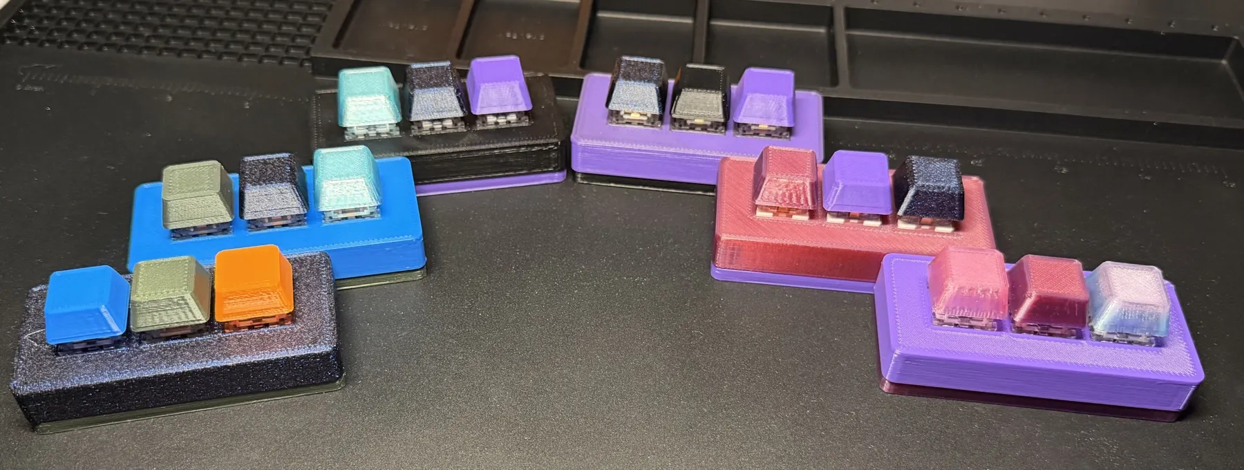 Small batch of three-key Passive Clacky builds in assorted color combinations